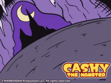 a poster for cashy the hamster shows a purple background