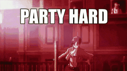 a man is running in a dark room with the words party hard written above him