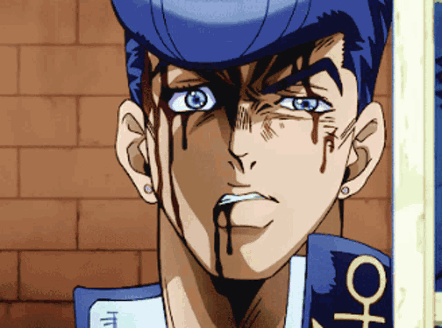 a close up of a man 's face with blood coming out of his mouth and the letter o on his jacket
