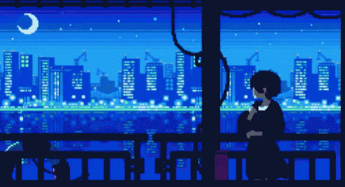 a pixel art of a girl standing on a balcony looking out at a city at night