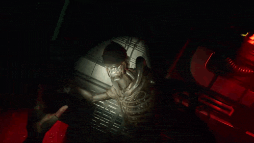 a skeleton in a dark room with red lights on