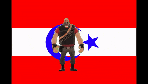 a red white and blue flag with a soldier in the middle