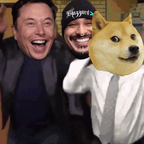 a man wearing a beanie that says blizzard stands next to another man and a doge