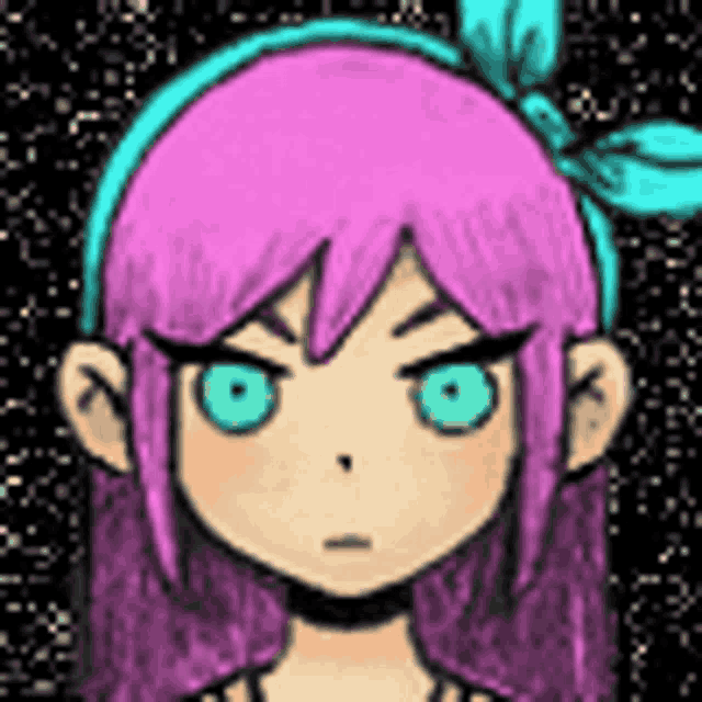 a girl with pink hair and blue eyes is wearing a blue headband .