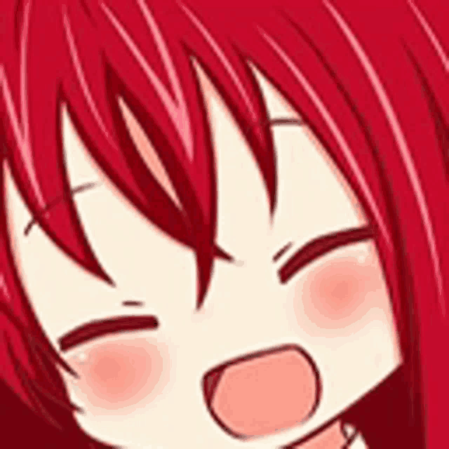 a close up of a red haired anime girl 's face with her eyes closed and her mouth open .
