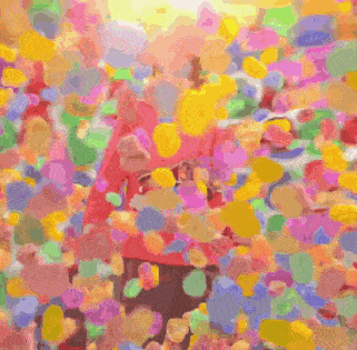 a painting of a person surrounded by a bunch of colorful objects