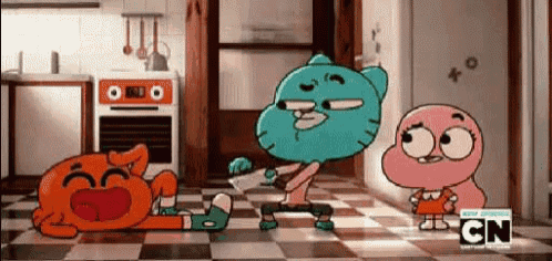 a group of cartoon characters are standing in a kitchen .