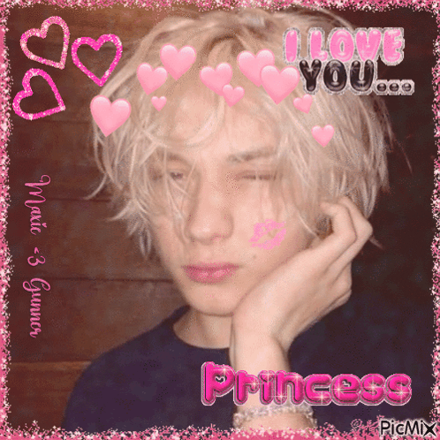 a picture of a boy with pink hearts and the words i love you