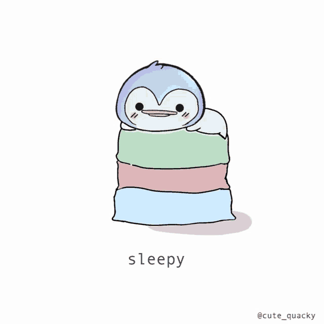 a drawing of a penguin sleeping on a stack of pillows