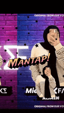 a woman taking a selfie in front of a wall that says mantap on it