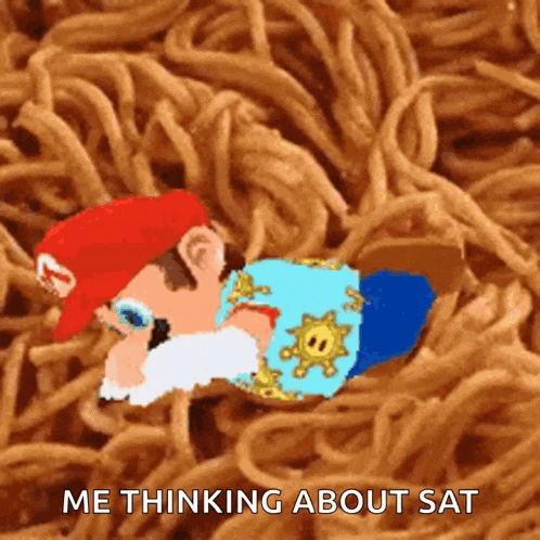 a cartoon of mario laying in a pile of noodles with the words me thinking about sat below him