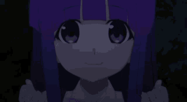 a close up of a cartoon character with purple hair