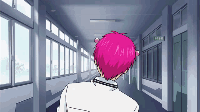 a person with pink hair walking down a hallway with a sign that says 24