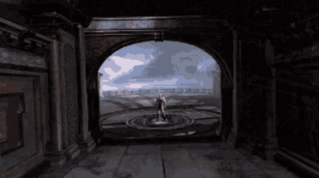a video game character named kratos is standing in a room