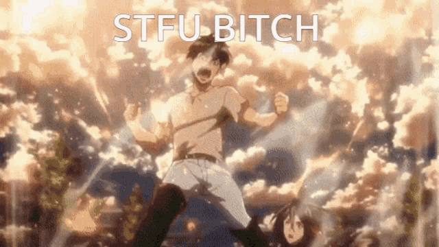 a man is standing in front of a cloudy sky with the words stfu bitch on the bottom