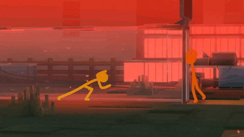 a yellow stick figure is standing in a room with red lights