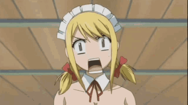 a naked anime girl wearing a maid outfit is making a funny face