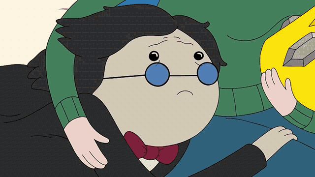 a cartoon character with glasses and a red bow tie