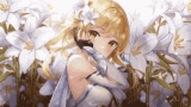 a girl with blonde hair and white gloves is standing in a field of white flowers .