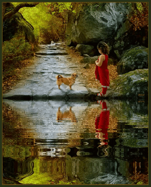 a girl in a red dress stands next to a small dog on a rocky path