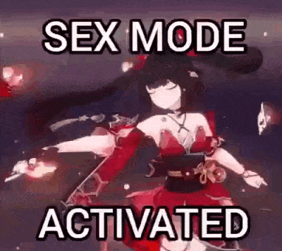 a girl in a red dress is holding a gun in her hand and says `` sex mode activated '' .