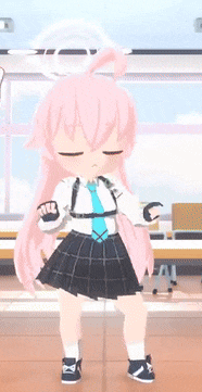 a girl with pink hair and a blue tie is dancing