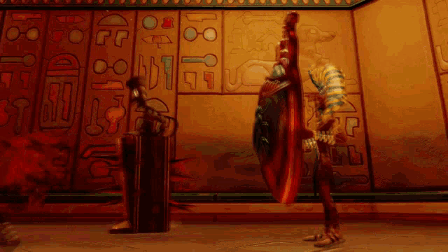 a cartoon drawing of a man holding a shield in front of a wall that says ' egyptian ' on it