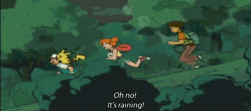 a group of cartoon characters are running through a forest and one of them is saying oh no it 's raining .