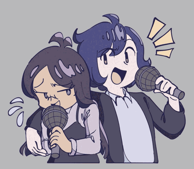 a cartoon drawing of a man and a girl singing into microphones