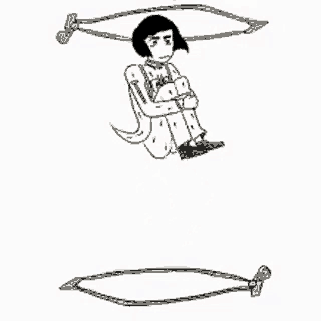 a black and white drawing of a person hanging from a rope with a drop of blood coming out of their mouth .