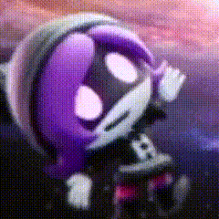 a pixelated image of a purple and white cartoon character with a mask on .