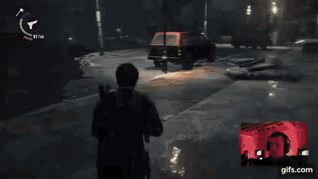 a man playing a video game with a screen that says gifs.com at the bottom