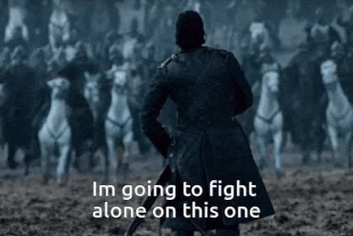a man with a sword stands in front of a crowd of horses with the words i 'm going to fight