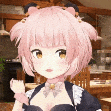 a girl with pink hair and yellow eyes is wearing a maid costume