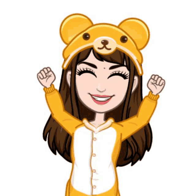 a cartoon girl wearing a teddy bear hat is raising her hands in the air