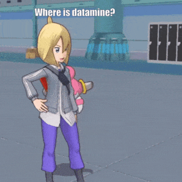 a cartoon character is standing in a room with the words " where is datamine " above her