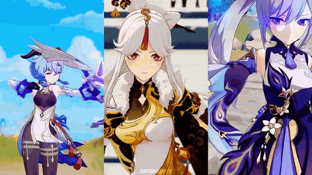 a collage of three pictures of a girl in a video game .