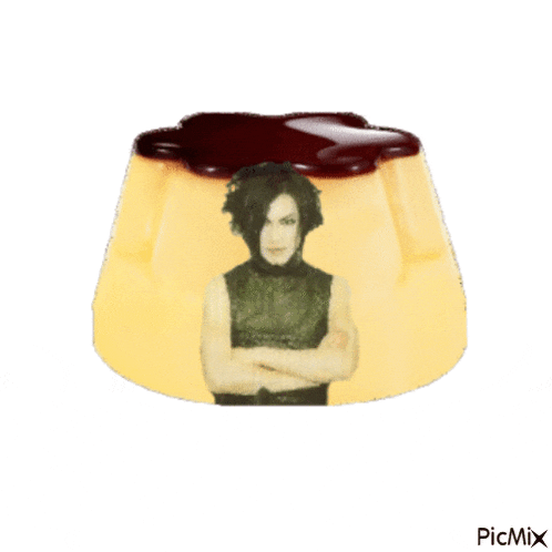 a picture of a man with his arms crossed in a pudding cup