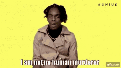 a man in a trench coat is saying `` i am not a human murderer '' .