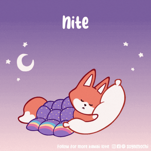 a cartoon of a fox sleeping under a blanket with the word nite below it