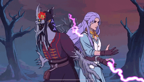 a cartoon drawing of a demon and a woman