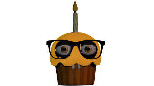 a yellow cupcake with glasses and a candle on top