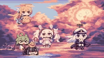 a pixel art drawing of a group of anime characters with the word miss on the bottom right