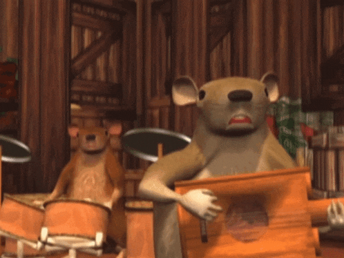 a cartoon of a squirrel playing drums in a wooden room