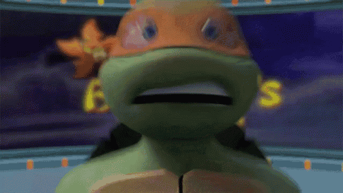 a teenage mutant ninja turtle sticking its tongue out in front of a sign that says b