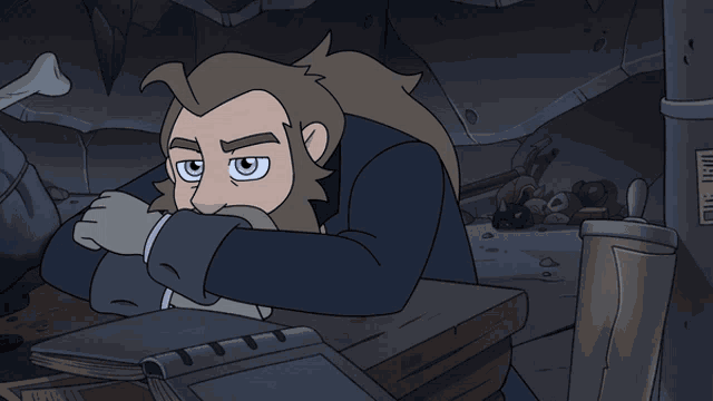 a cartoon of a man with a beard sitting at a table with a book