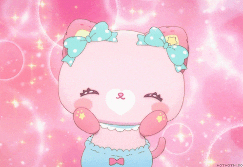 a pink cat with a bow on its head is surrounded by pink bubbles