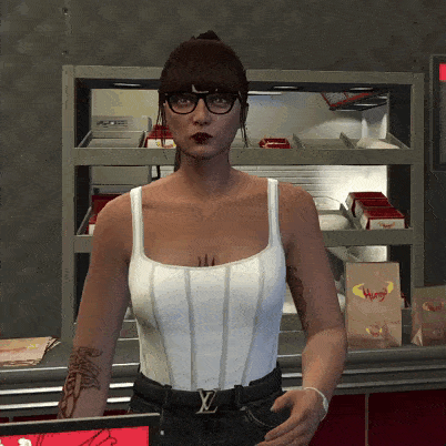 a woman wearing glasses and a louis vuitton belt is standing in front of a display of hungry bags