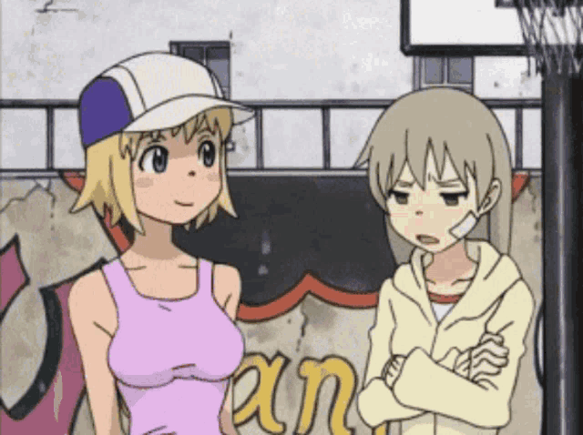 a girl in a pink tank top stands next to a boy with his arms crossed in front of a sign that says can