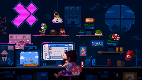 a pixel art of a person playing a video game with a sign that says kart spec on it